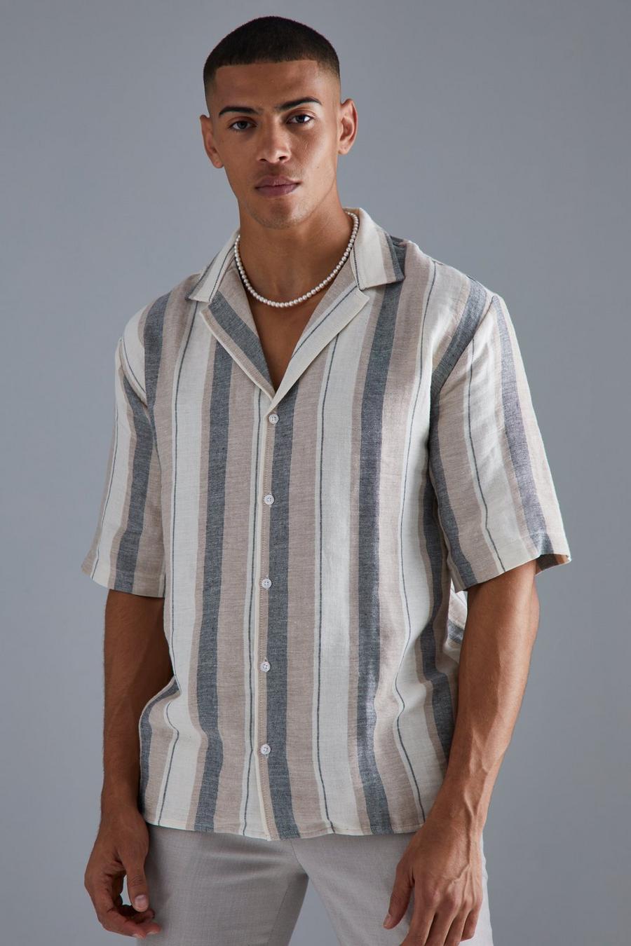 Stone Short Sleeve Drop Revere Stripe Linen Shirt image number 1