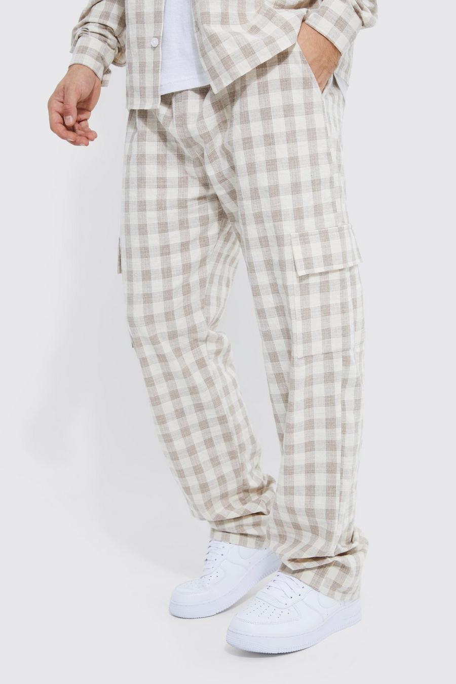 Stone beige Relaxed Check Linen Cargo Trouser