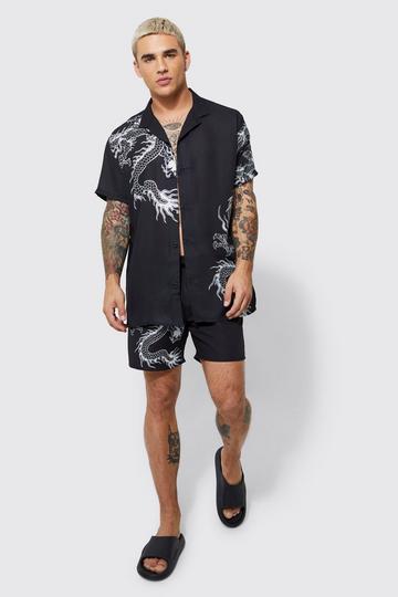 Short Sleeve Oversized Dragon Shirt And Swim black