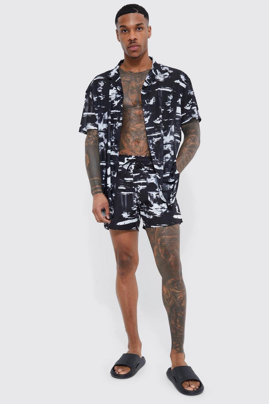 Men's Short Sleeve Oversized Poly Abstract Shirt And Swim Set | Boohoo UK