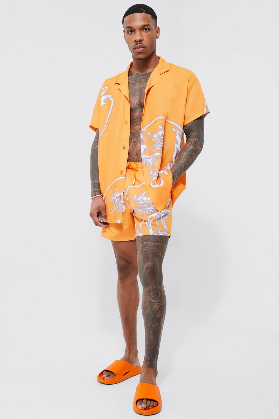 Orange Short Sleeve Oversized Poly Tiger Shirt And Swim Set image number 1