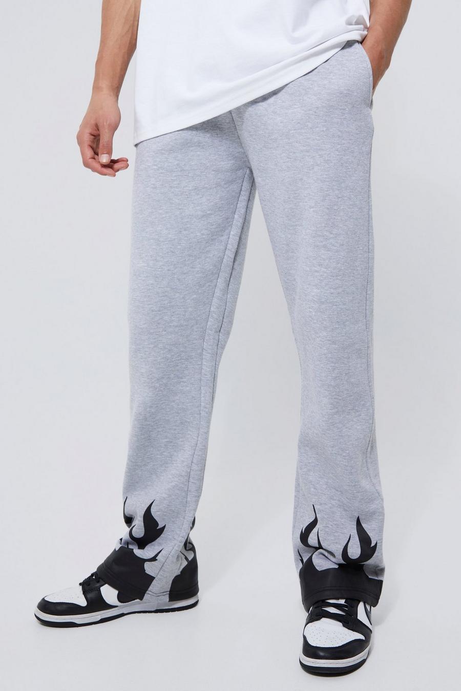 Pantalón deportivo Tall Regular con llamas en el filo y refuerzos, Grey marl image number 1