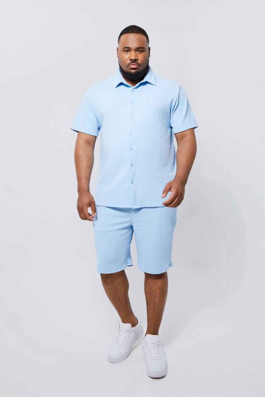 Light blue Plus Short Sleeve Jersey Herringbone Shirt And Short Set