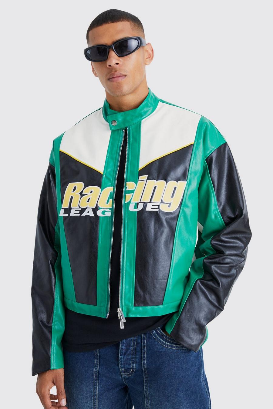Boxy Funnel Neck Pu Spliced Moto Jacket, Green gerde