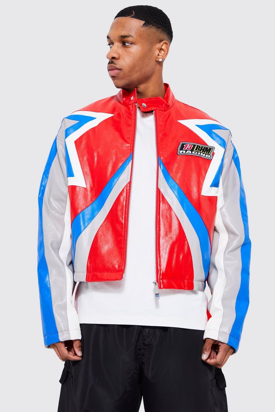 Red Boxy Funnel Neck Star Panel Pu Moto Jacket image number 1