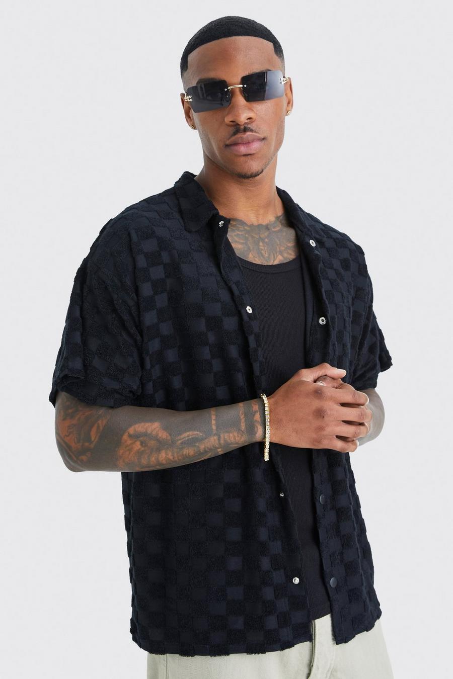 Black Boxy Check Towelling Shirt image number 1