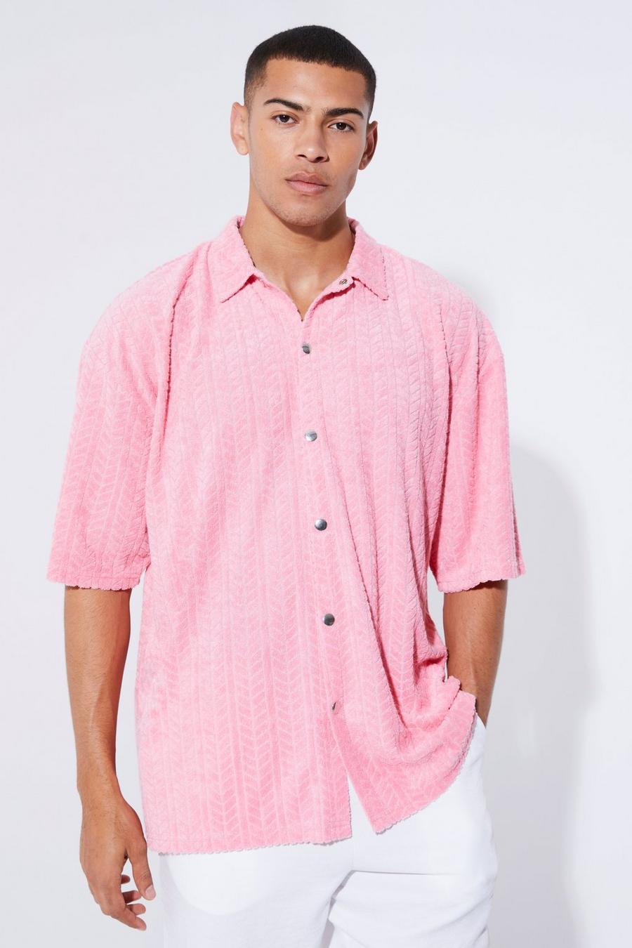 Kastiges Frottee Hemd mit Fischgräten-Print, Pink