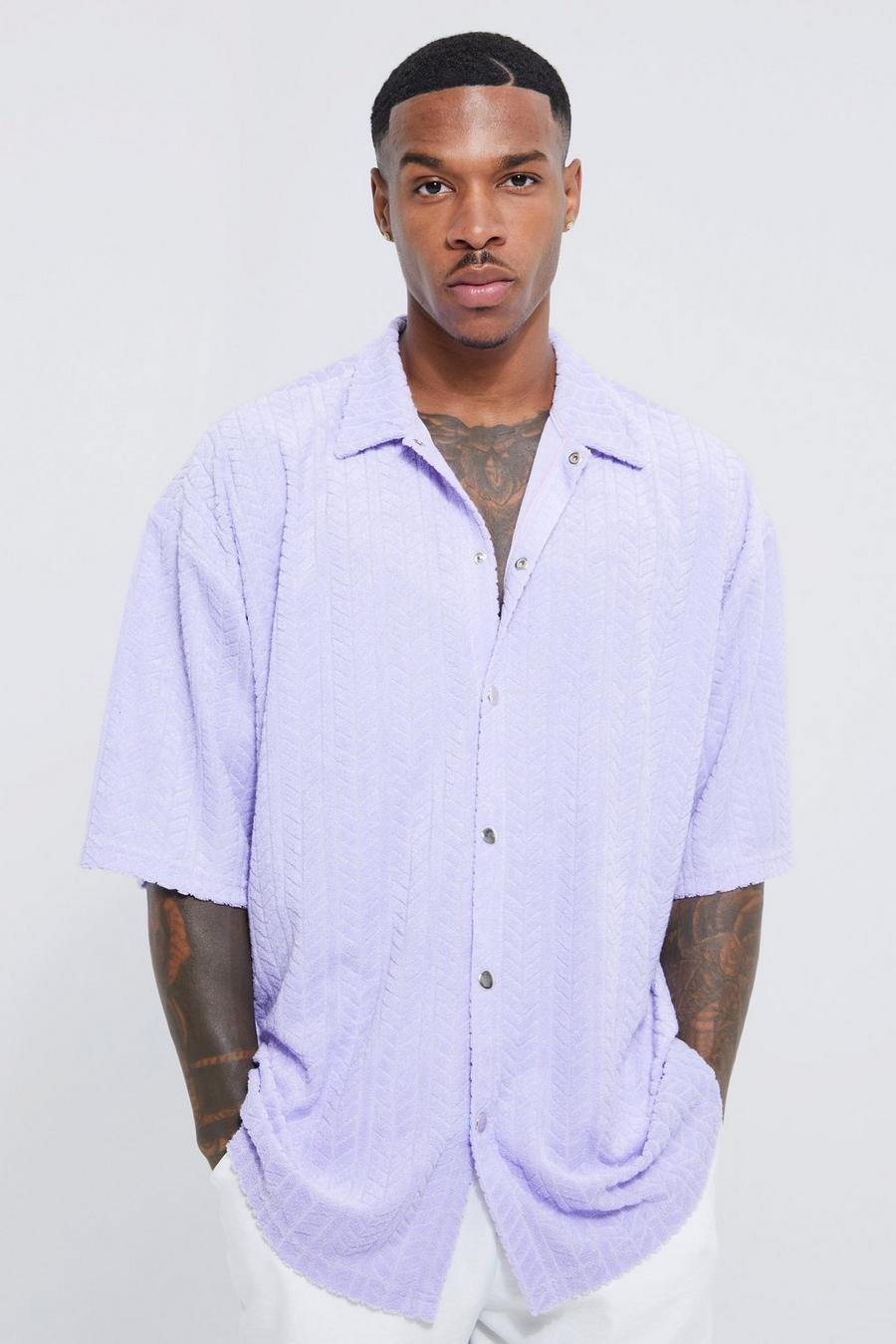 Kastiges Oversize Frottee Hemd mit Fischgräten-Print, Lilac purple