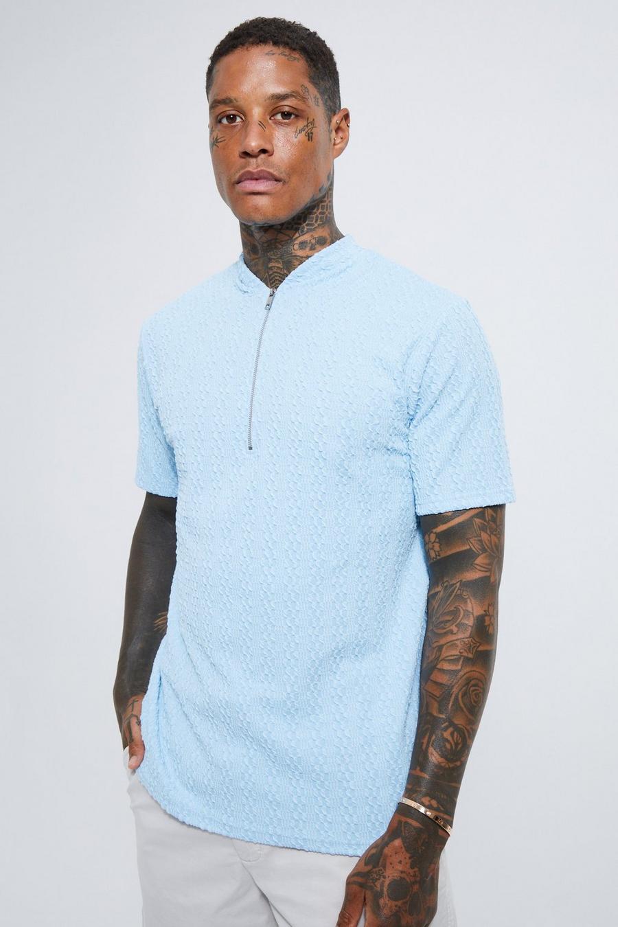 Light blue Slim Fit Textured Jersey Bomber Neck Polo  image number 1