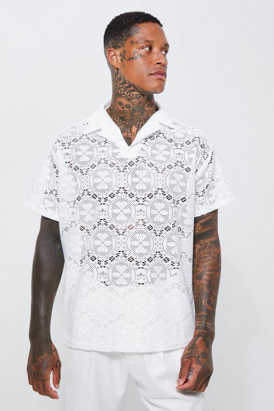 White Oversized Lace Revere Polo  image number 1