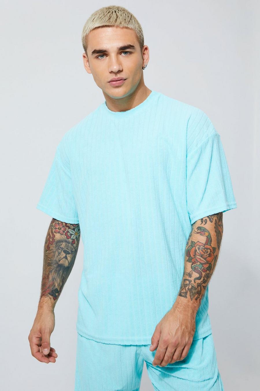 Oversized Striped Towelling T-shirt, Aqua azzurro