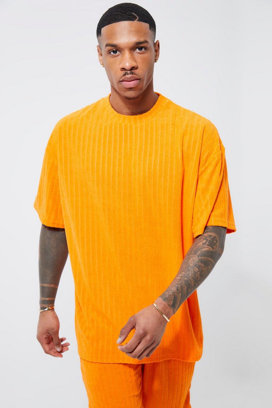 Orange Oversized Striped Towelling T-shirt image number 1
