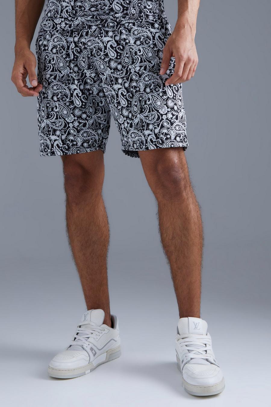 Black_ecru Relaxed Fit Mid Length Paisley Jacquard Short  image number 1