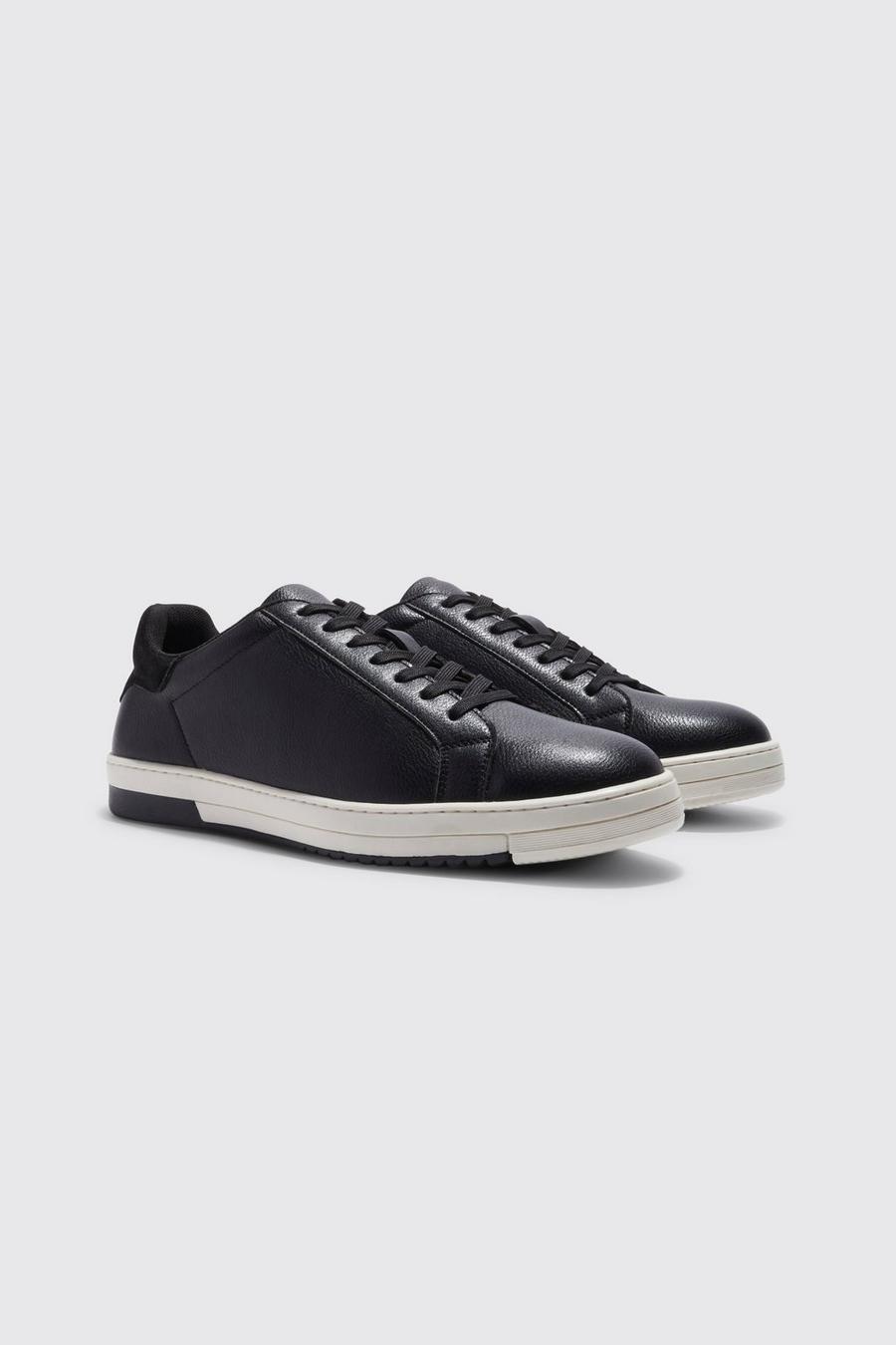 Smart Faux Leather Trainers, Black negro
