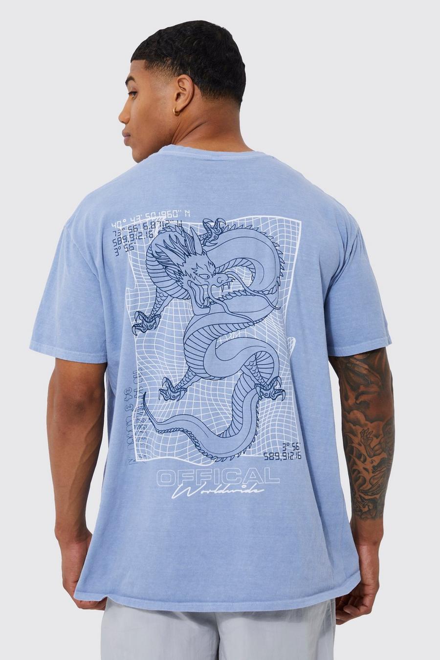 Blue Oversized Washed Dragon Graphic T-shirt image number 1