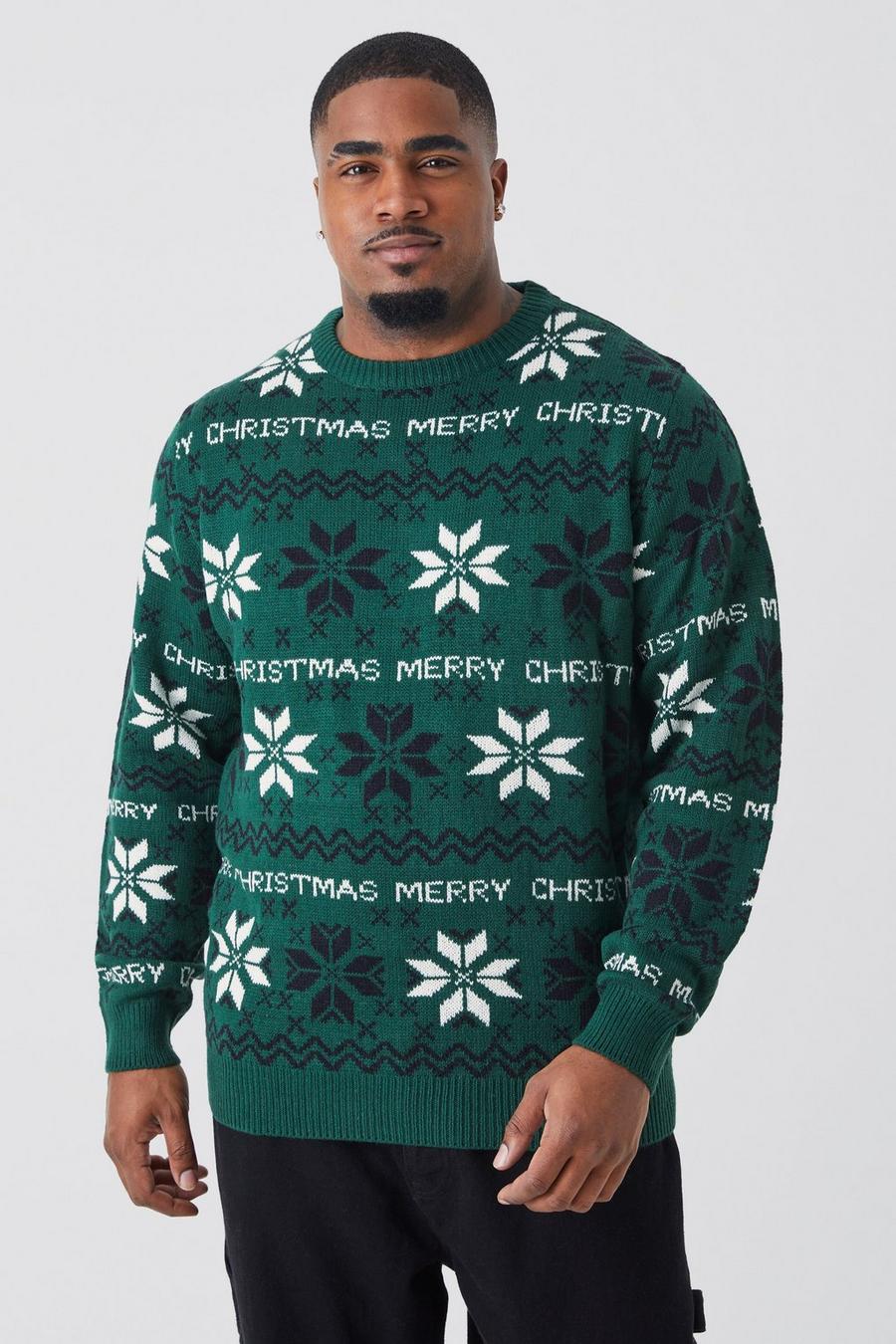 Maglione Plus Size natalizio con motivi Fairisle e slogan Merry Christmas, Forest verde