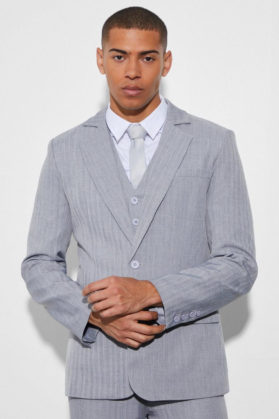 Navy Skinny Single Breasted Textured Suit Jacket