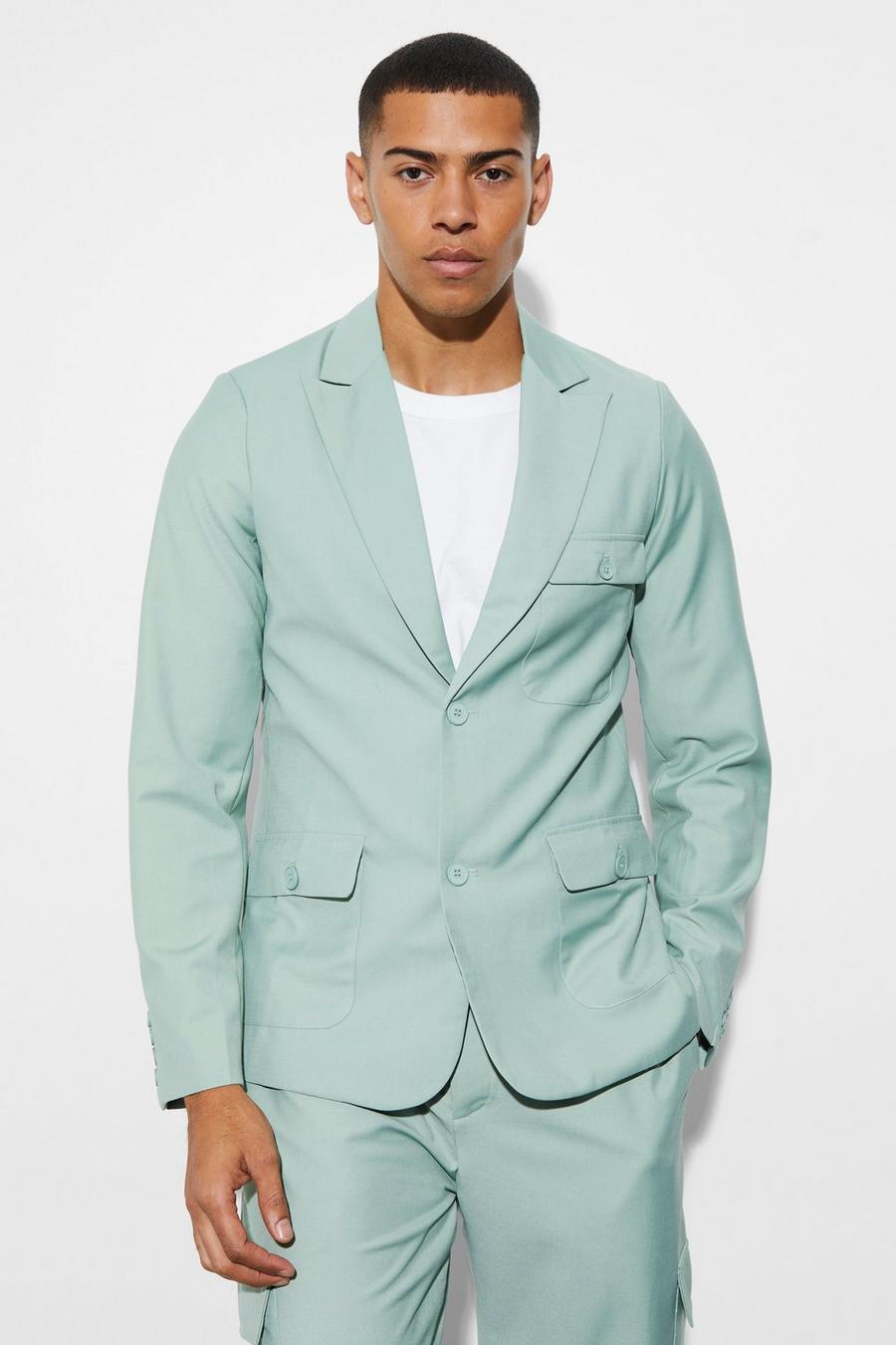 Sage verde Slim Single Breasted Cargo Suit Jacket