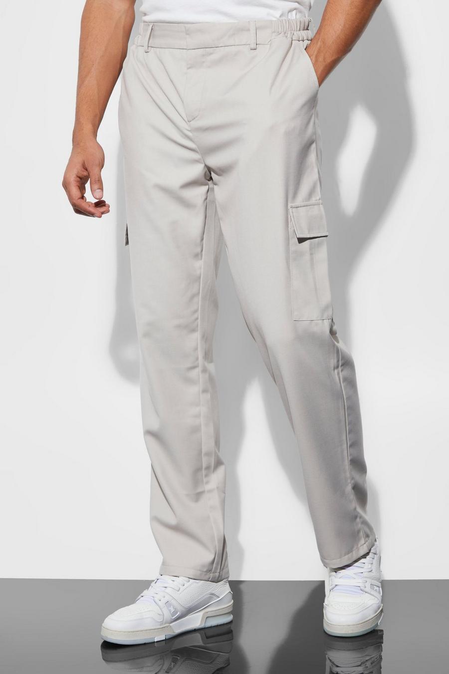 Taupe Elasticated Straight Leg Cargo Suit Trousers image number 1