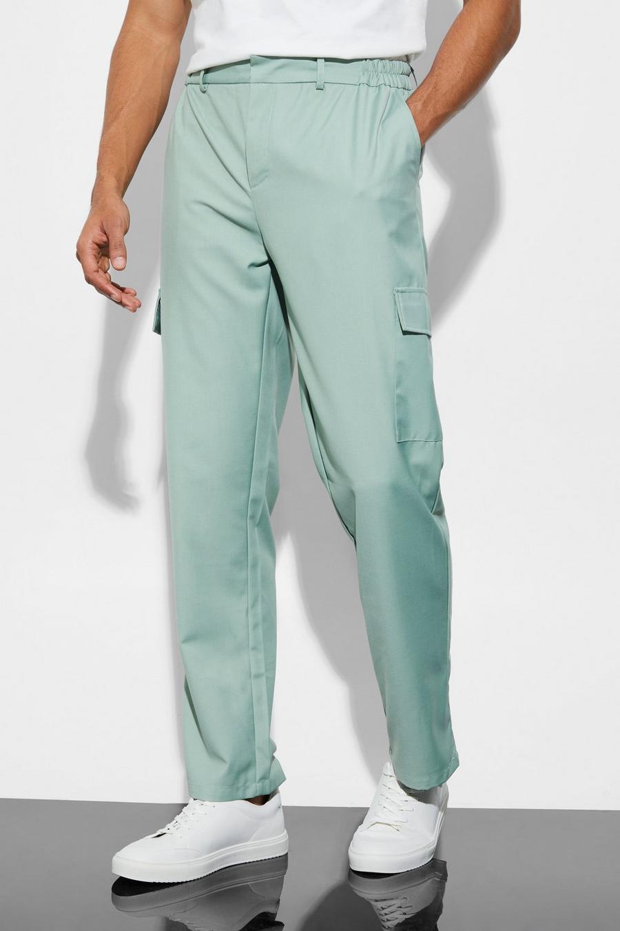 Sage green Elasticated Straight Leg Cargo Suit Trousers