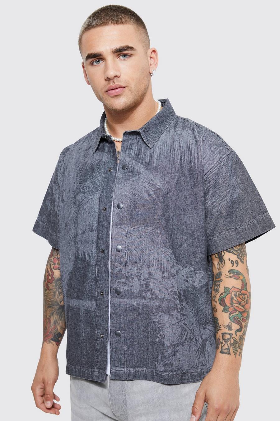 Light grey gris Palm Print Boxy Fit Denim Shirt