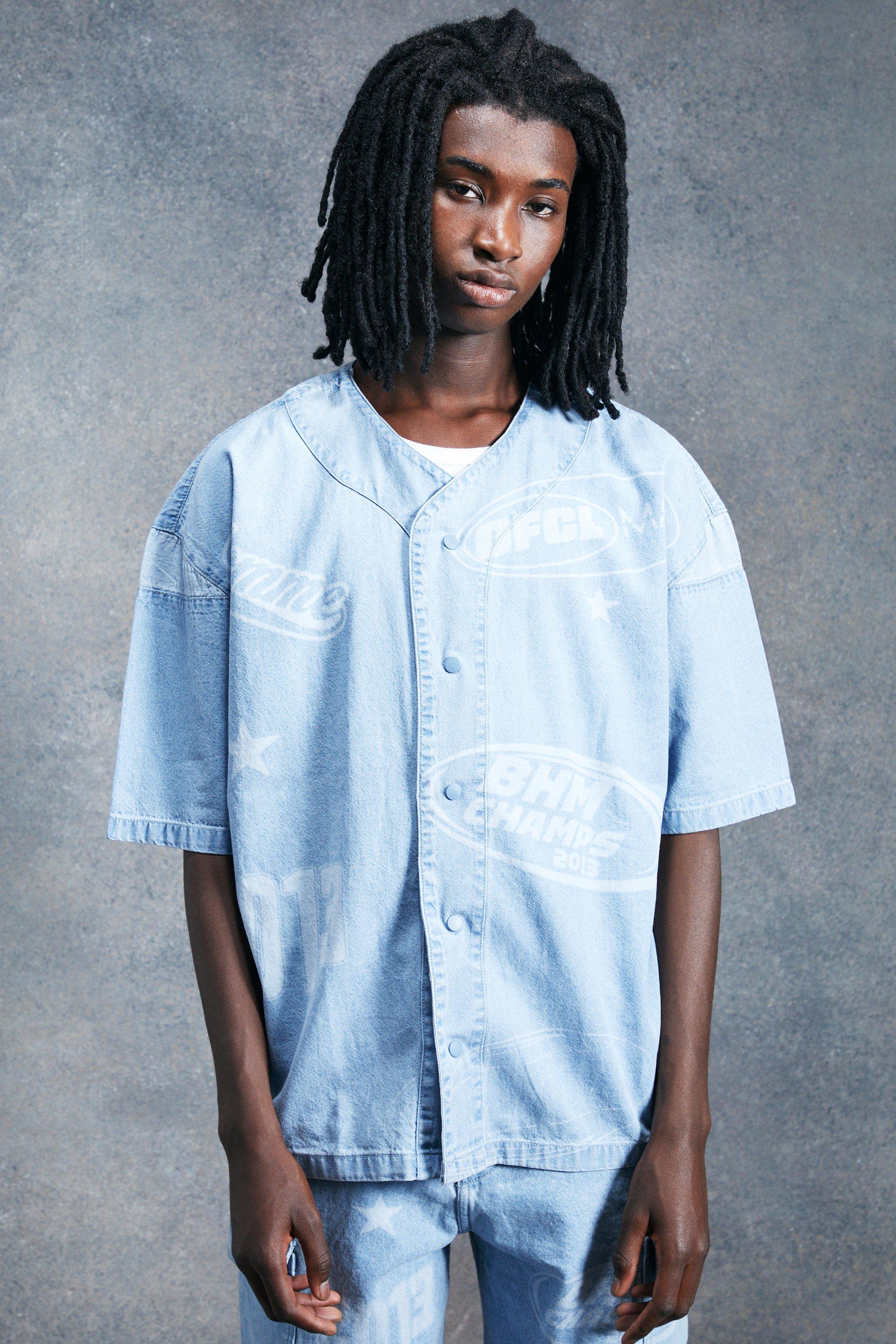Light blue Varsity Laser Print Baseball Denim Shirt