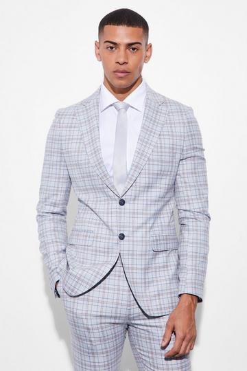 Grey Skinny Single Breasted Check Suit Jacket