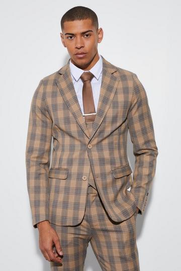 Skinny Single Breasted Check Suit Jacket beige