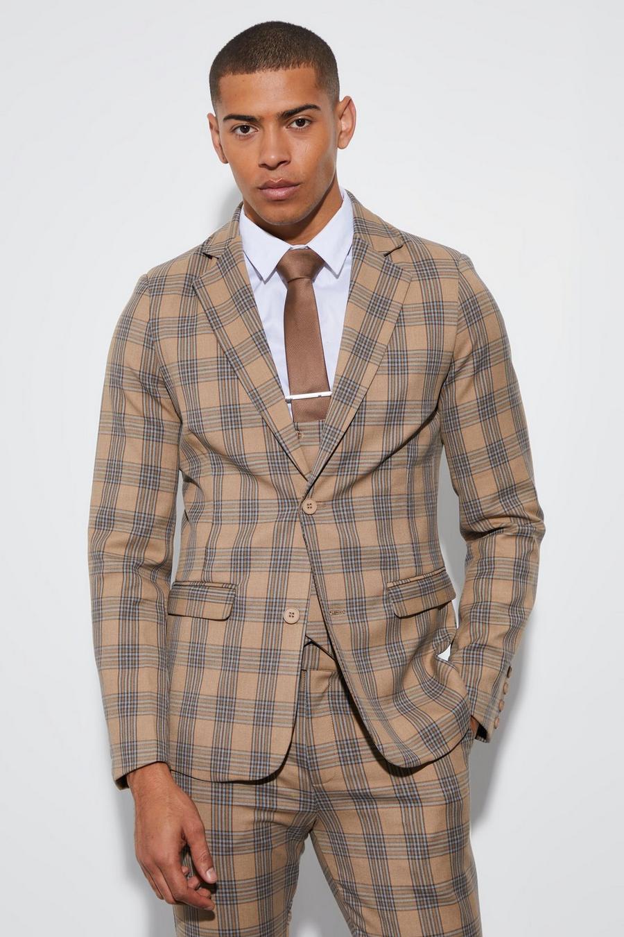 Beige Skinny Single Breasted Check Suit Jacket image number 1