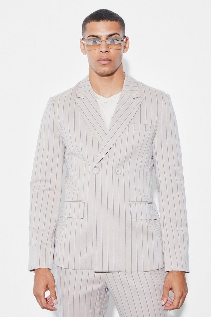 Beige Slim Double Breasted Stripe Suit Jacket