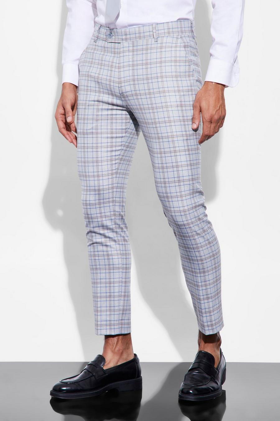 Light grey Skinny Crop Check Suit Trousers