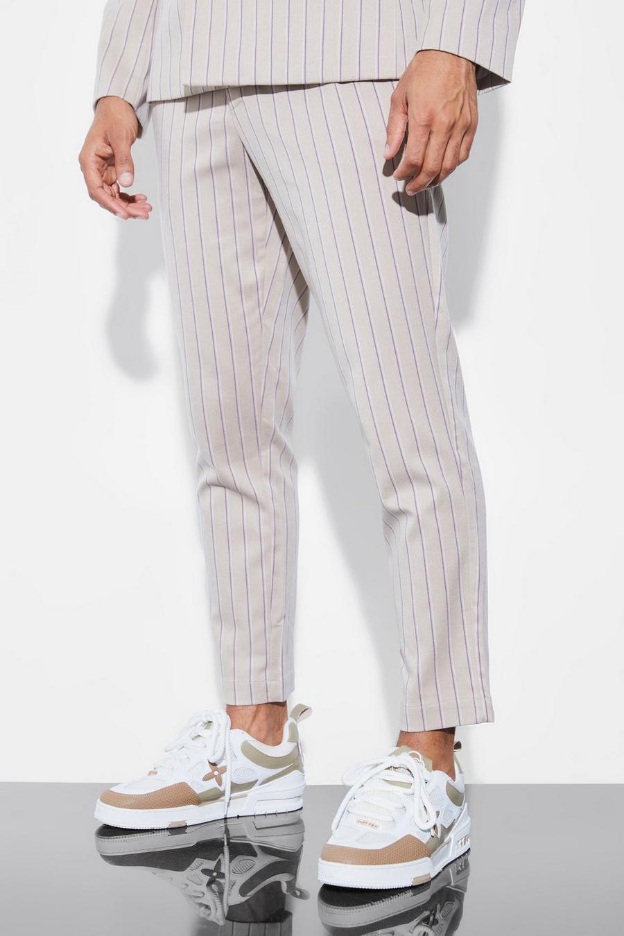 Beige Slim Crop Stripe Suit Trousers