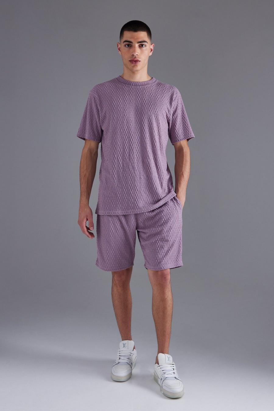 Mauve purple Slim Fit Textured Jersey T-shirt & Short Set 
