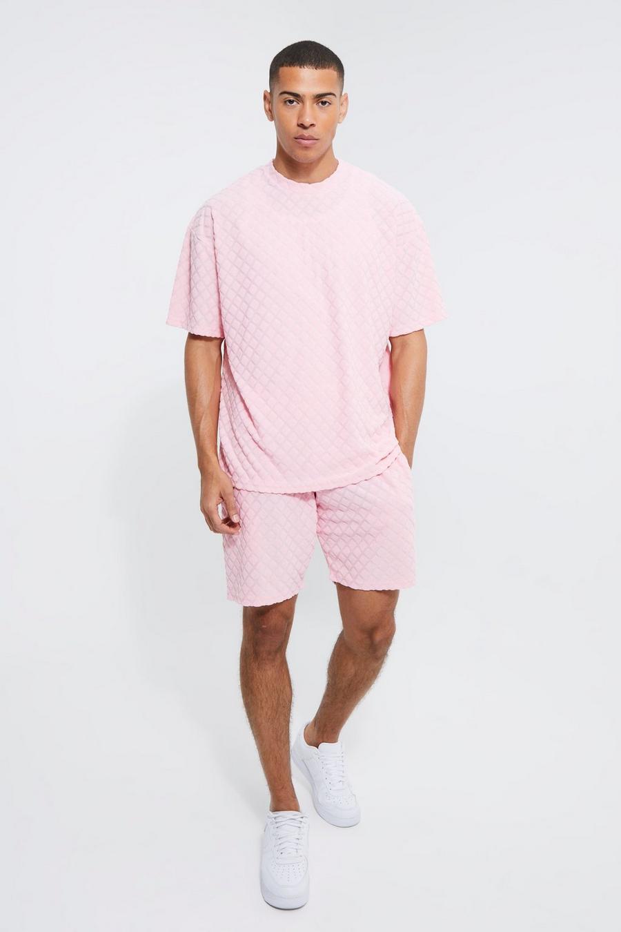 Pink Oversized Badstoffen Diamond T-Shirt En Shorts Set image number 1