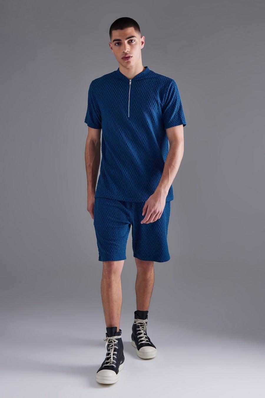 Navy Slim Fit Textured Jersey Polo & Short Set 