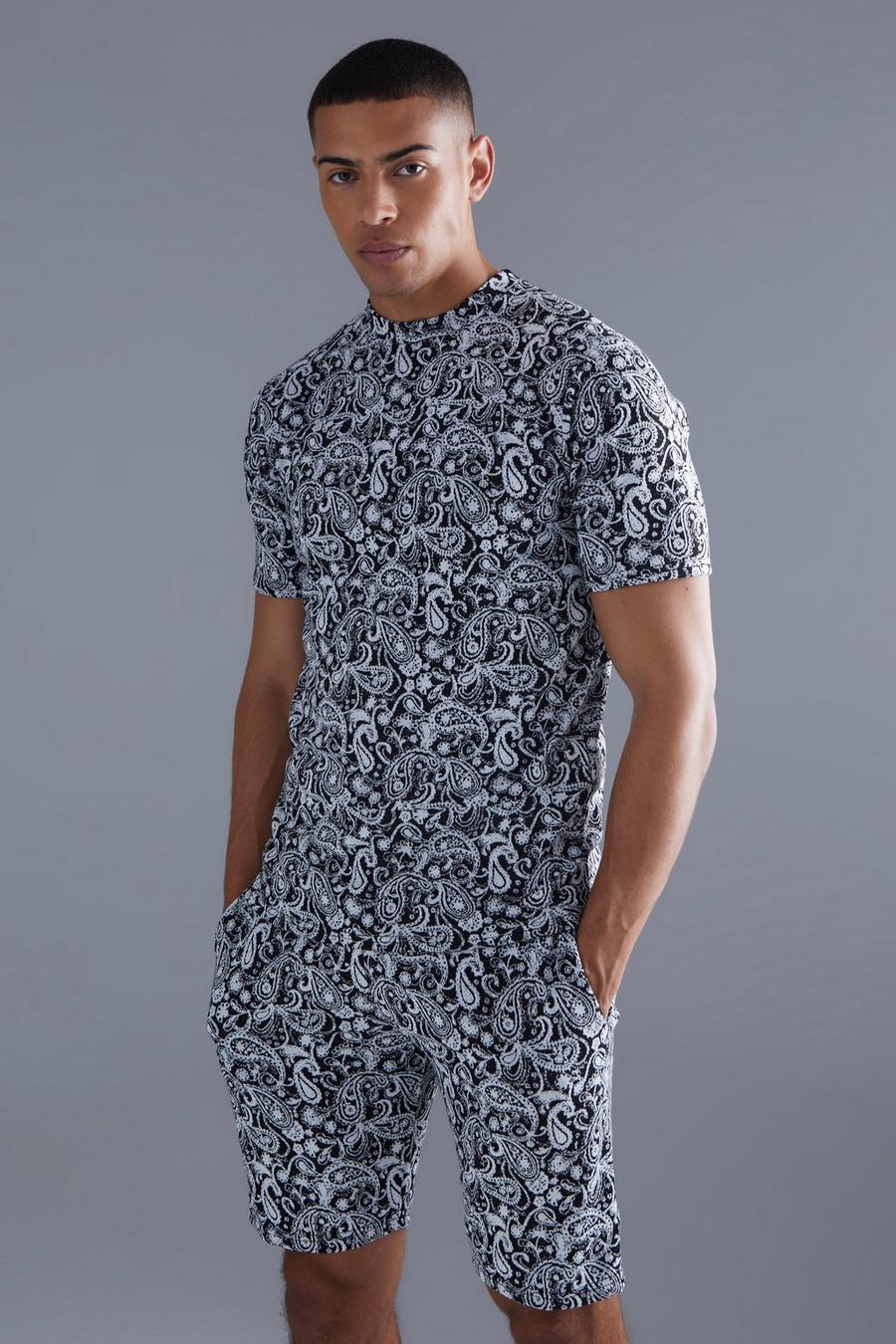 Slim-Fit Jacquard T-Shirt & Shorts mit Paisley-Print, Black_ecru image number 1