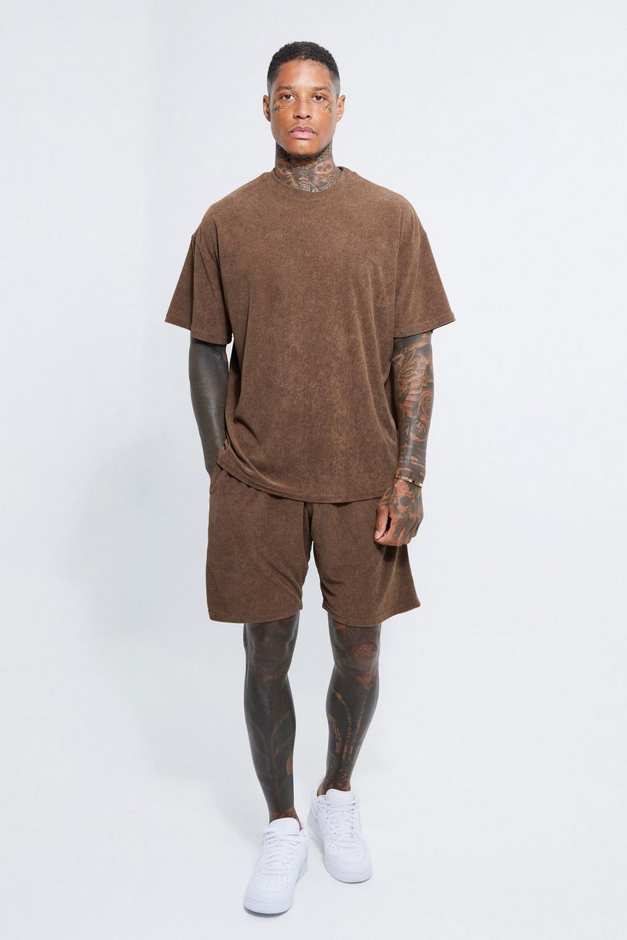 Coffee brown Oversized Soft Towelling T-shirt & Short Set image number 1