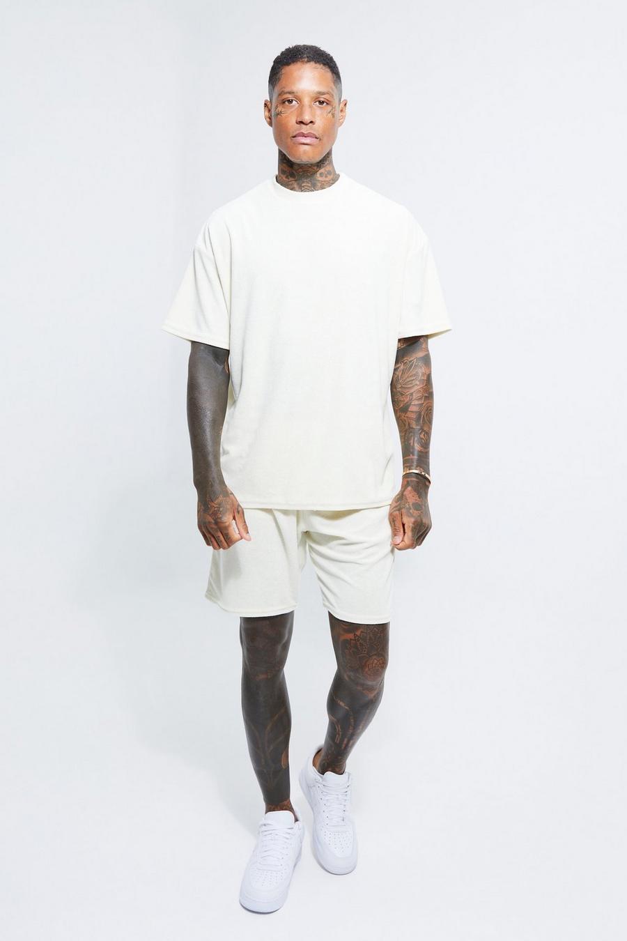 Oversized Soft Towelling T-shirt & Short Set, Ecru bianco