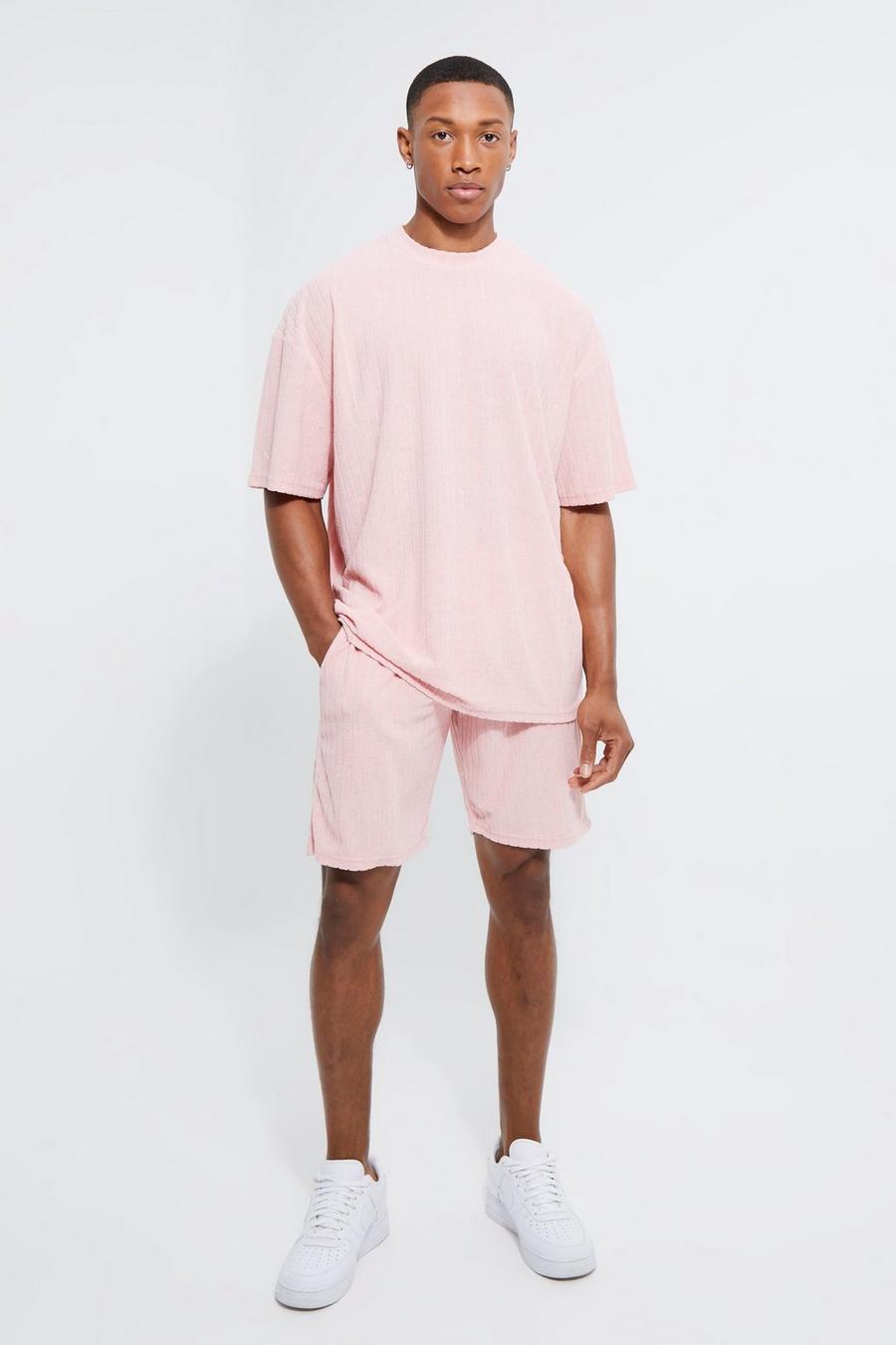 Oversized Stripe Towelling T-shirt & Short Set, Pink rosa