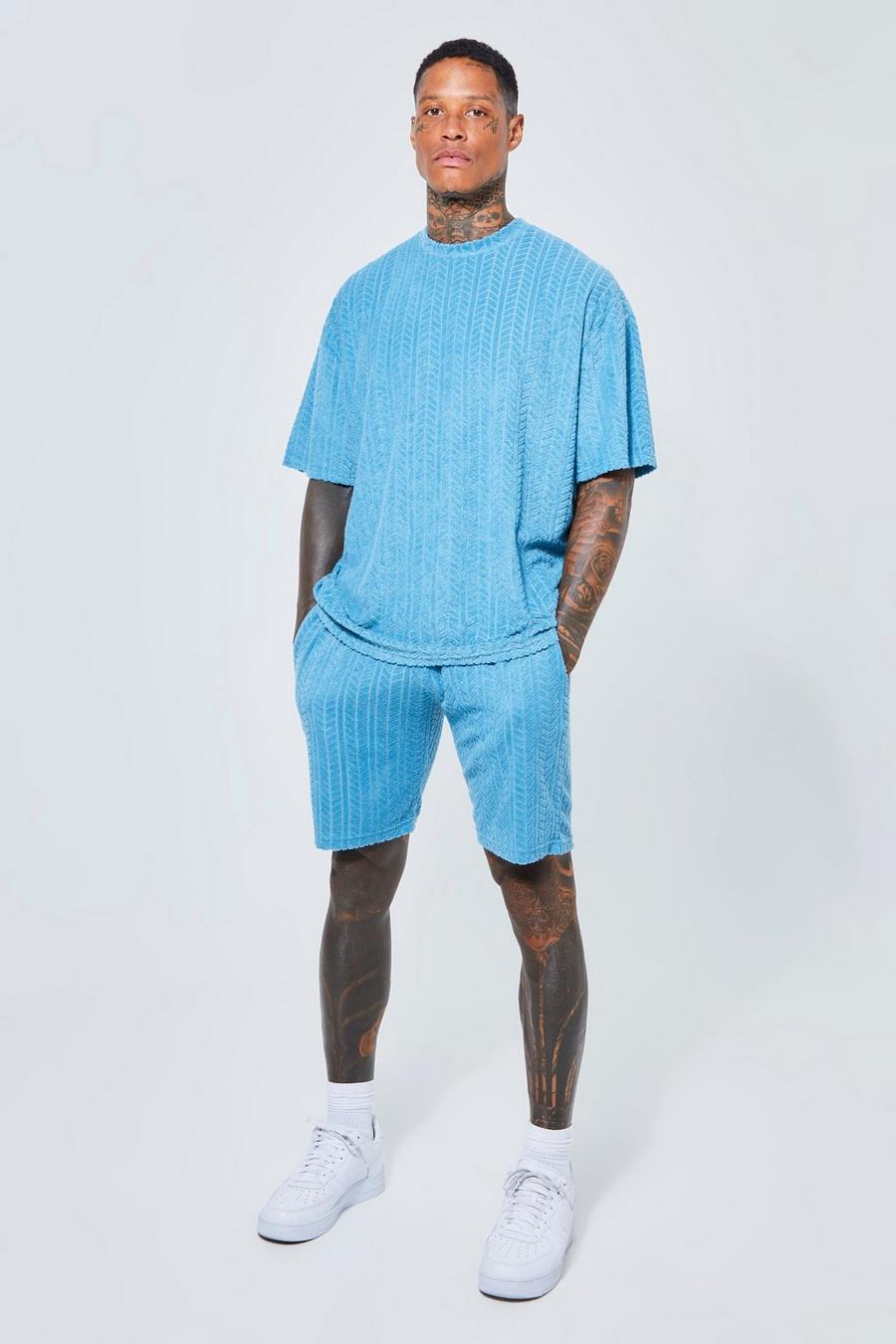 Dusty blue Oversized Check Towelling T-shirt & Short Set  image number 1