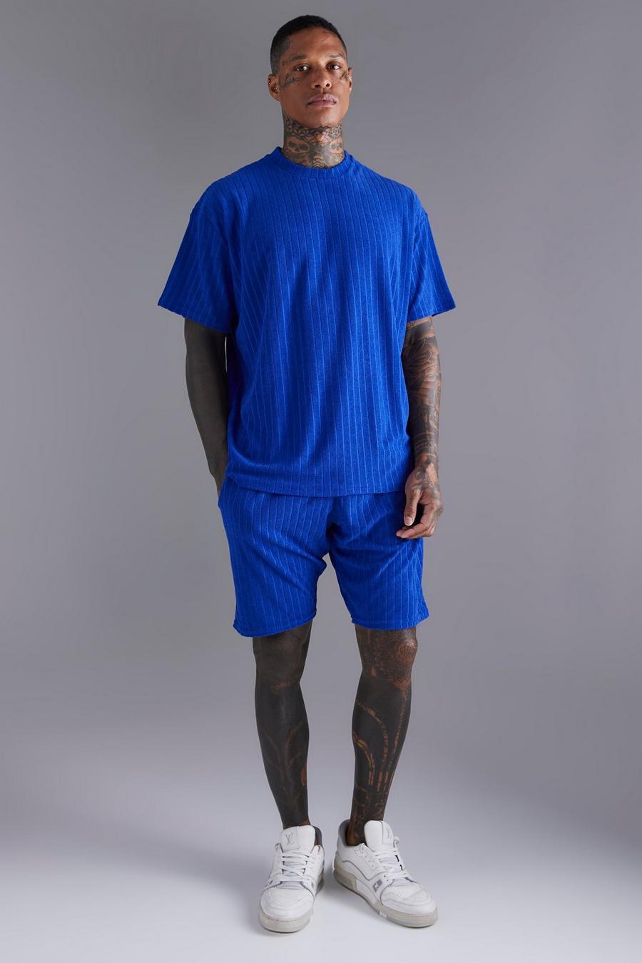 Cobalt blue Oversized Stripe Towelling T-shirt & Short Set