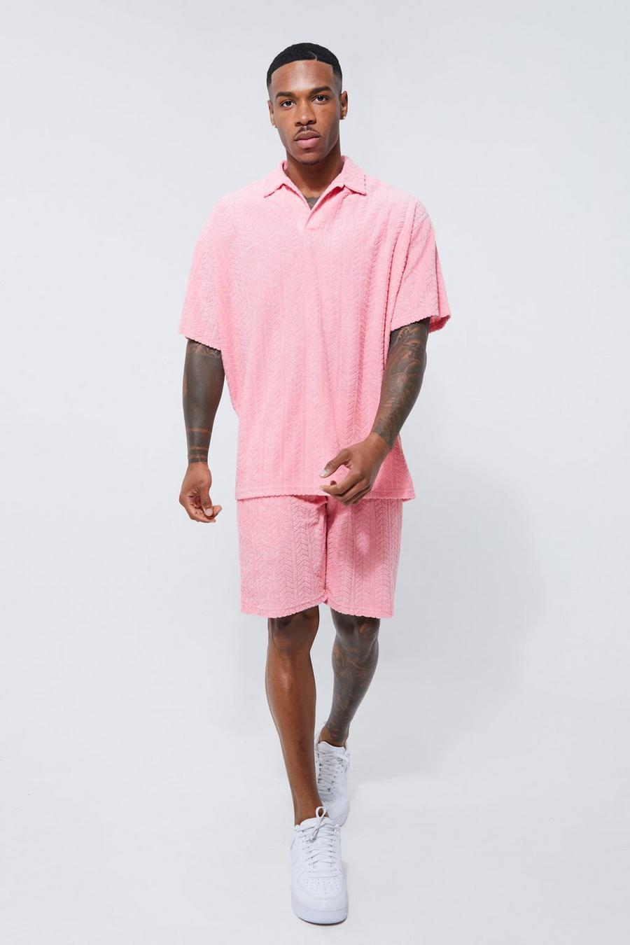 Pink Oversized Check Towelling Polo & Short Set  image number 1