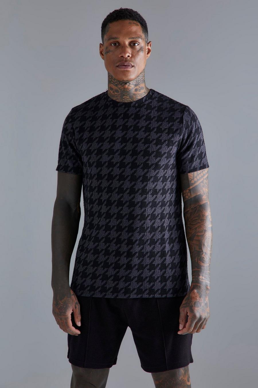 Slim-Fit T-Shirt mit Hahnentritt-Print, Charcoal gris
