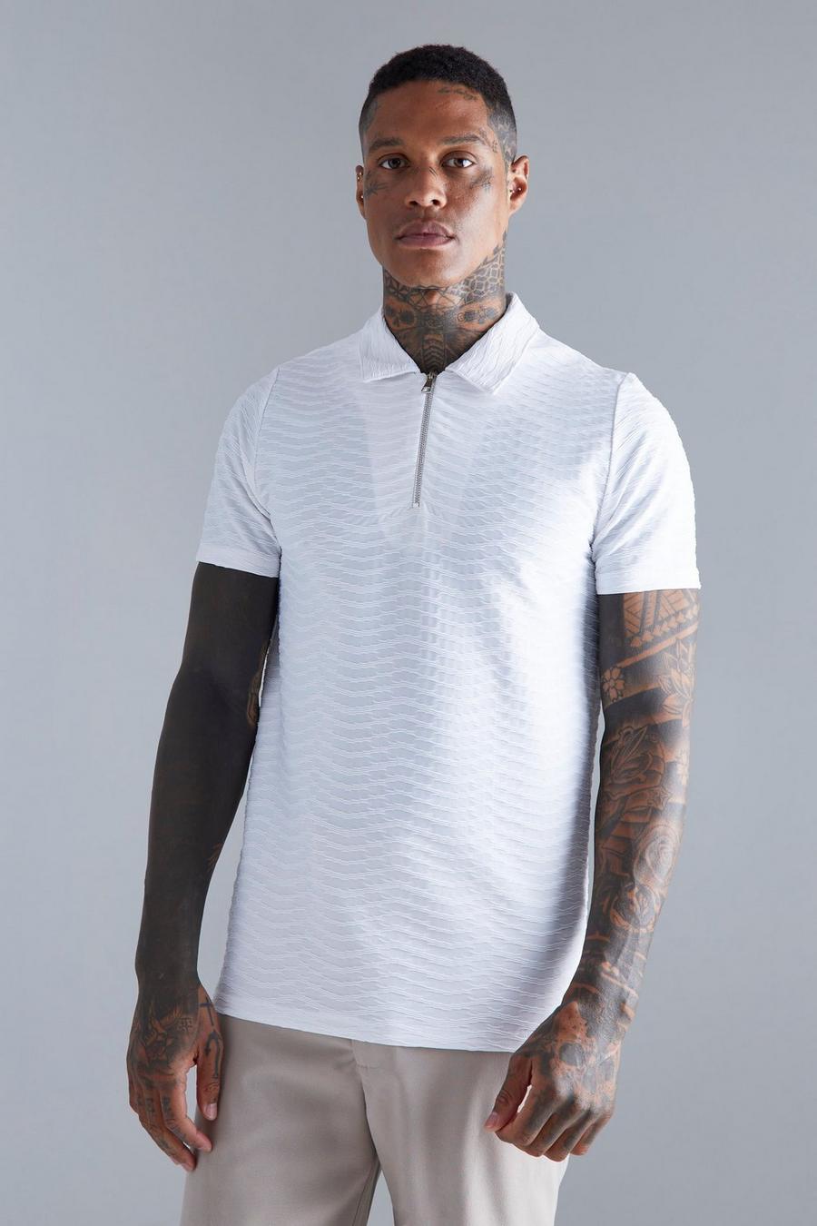White Slim Fit Wavy Jacquard Polo image number 1