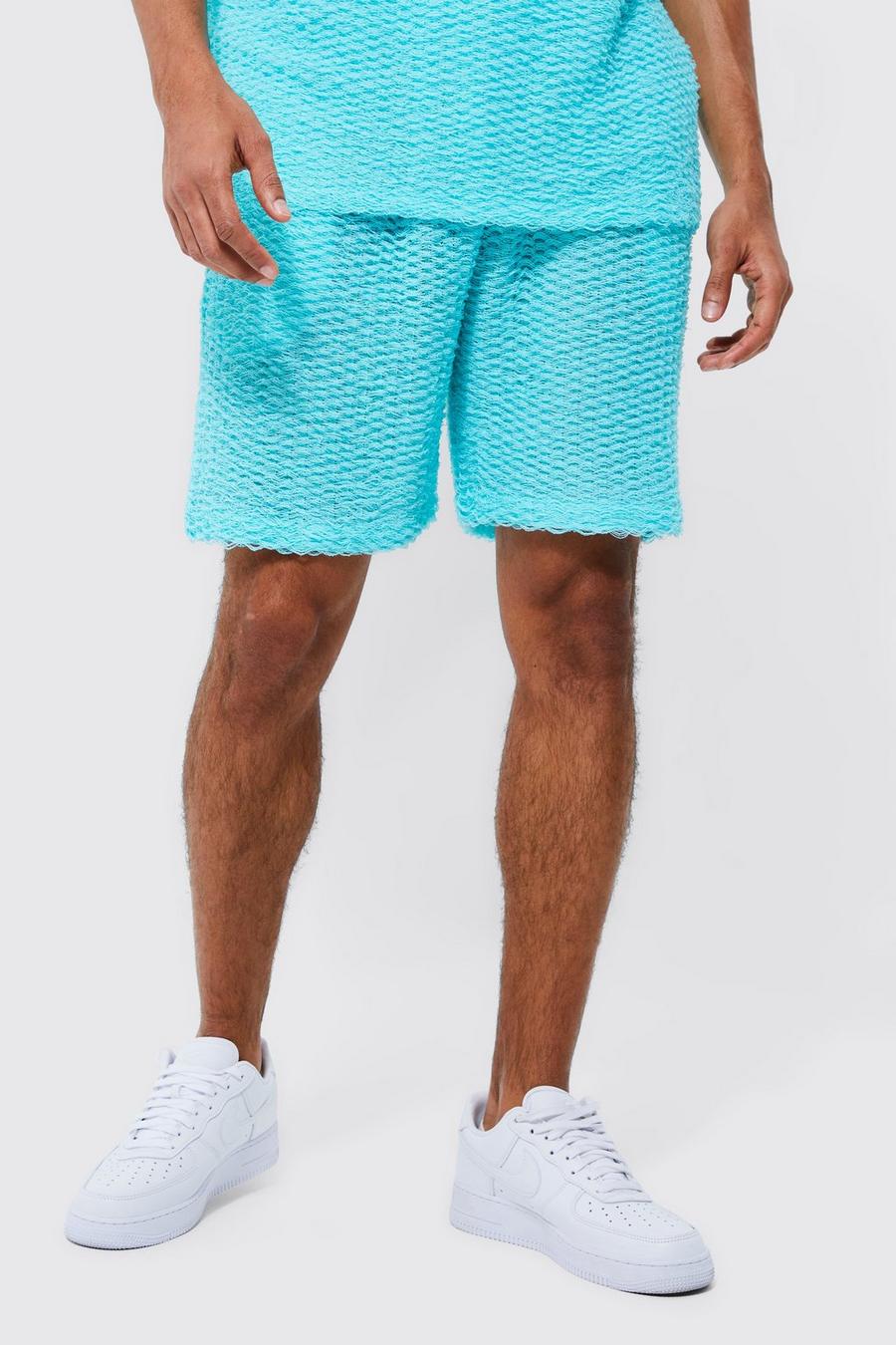 Lockere mittellange strukturierte Shorts mit Fransen, Aqua blue