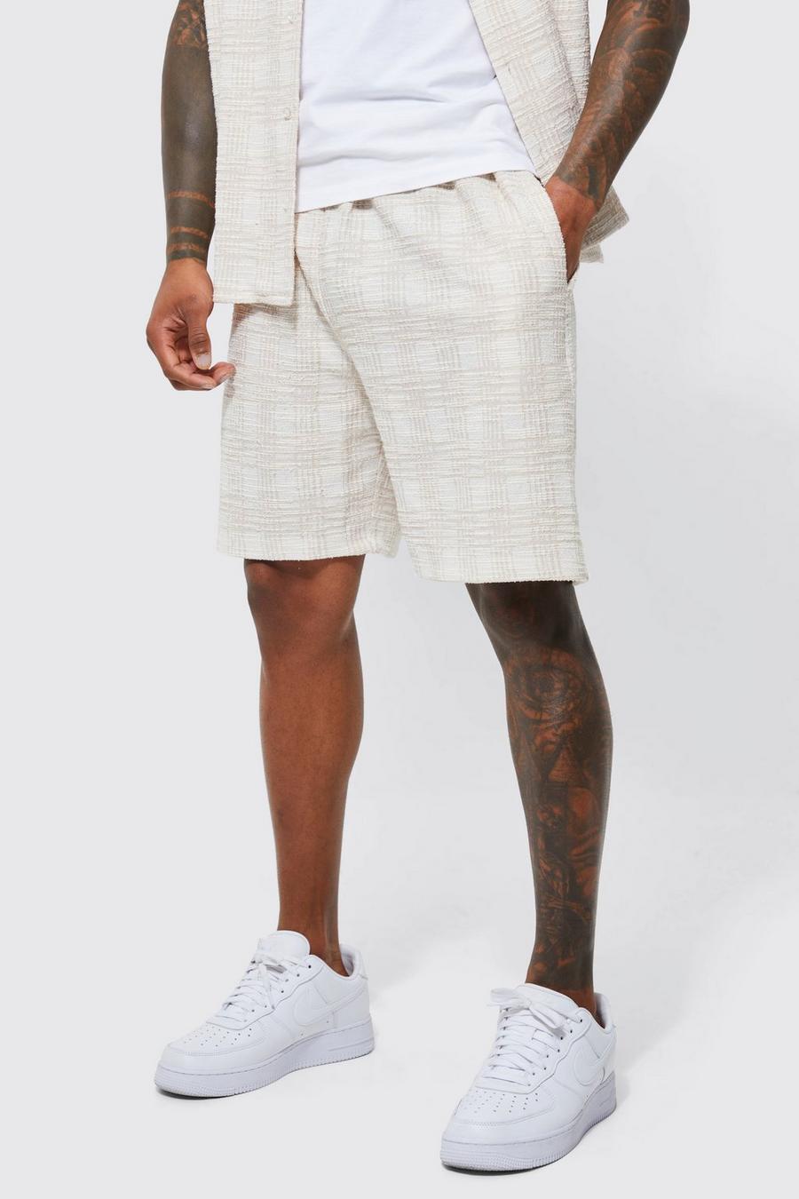 Ecru white Loose Fit Midlength Boucle Check Short 