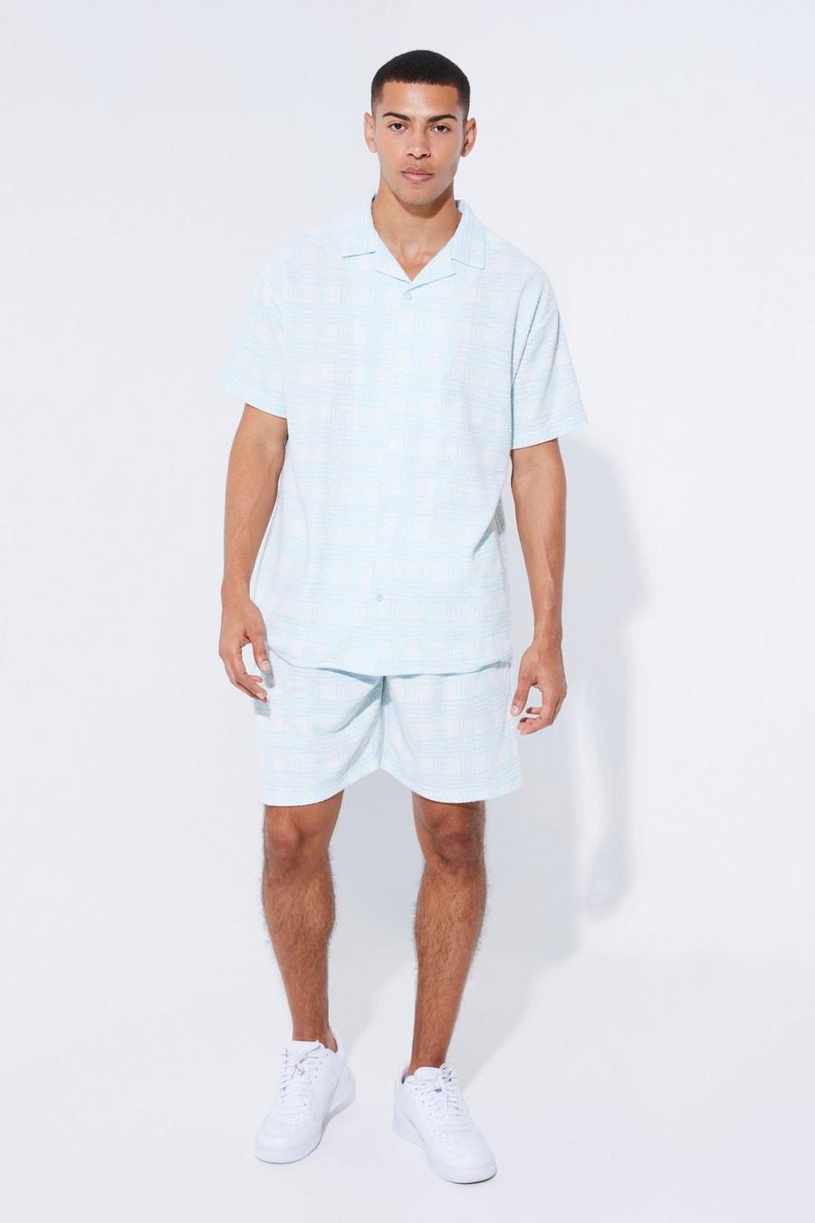 Dusty blue blå Oversized Check Boucle Shirt And Short Set