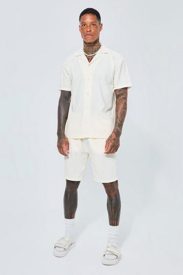 Ribbed Revere Shirt And Short Set ecru