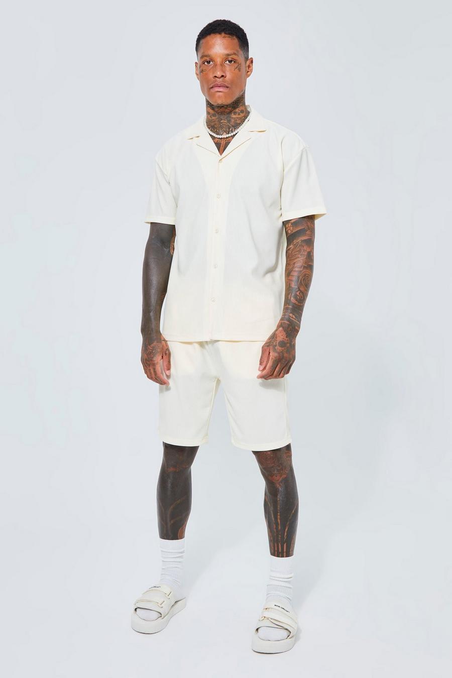 Ecru white Ribbed Revere Shirt And Short Set 