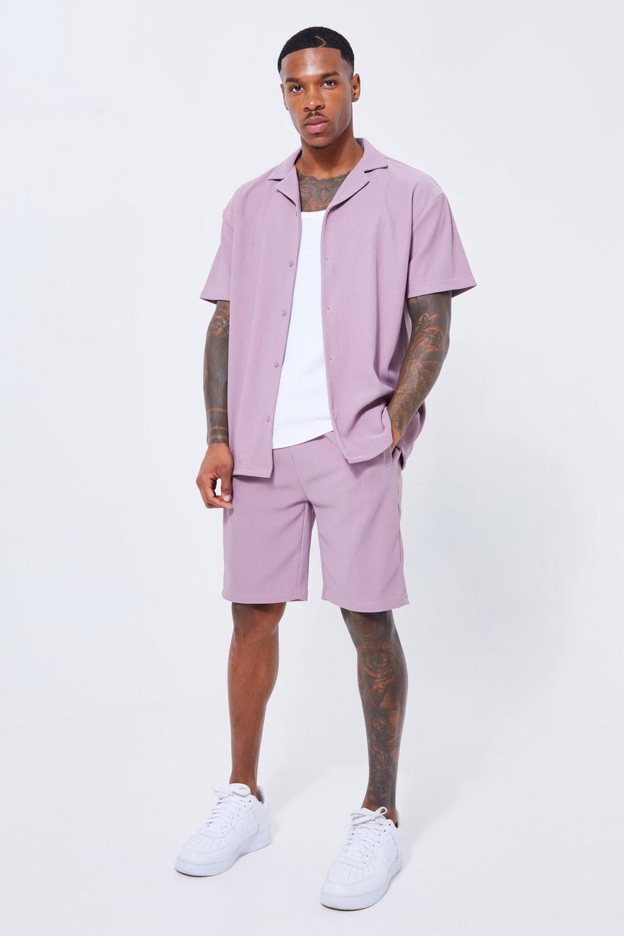 Mauve violet Ribbed Revere Shirt And Short Set  